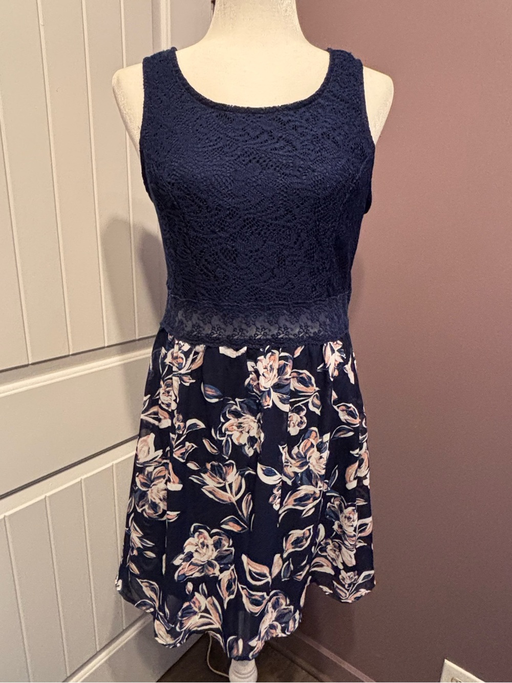 bailey blue Navy Lace Bodice Floral Skater Dress